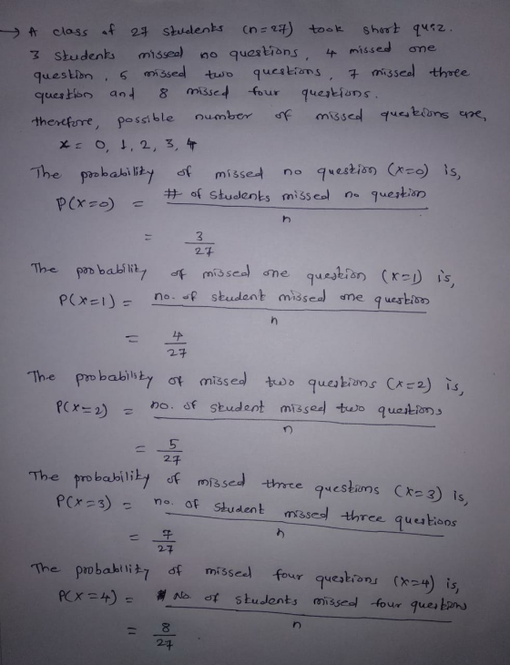 one two A class of 28 students (n=27) took short quiz. 3 students mis seal no questions, 4 missed question 5 missed questions