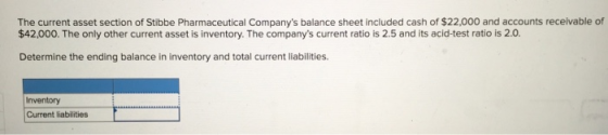The current asset section of Stibbe Pharmaceutical Companys balance sheet included cash of $22,000 and accounts receivable o