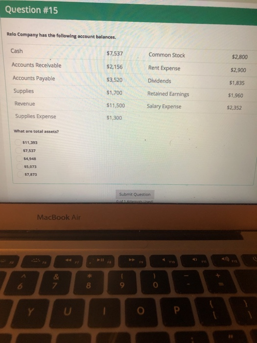 Question #15 Relo Company has the following account balances Accounts Receivable Accounts Payable Supplies Revenue Supplies Expense $7,537 $2,156 $3,520 $1,700 $11,500 $1,300 Common Stock Rent Expense Dividends Retained Earnings Salary Expense $2,800 $2,900 $1,835 $1,960 $2,352 What are total assets? $11,393 $7,537 $5,073 7,873 Submit Question MacBook Air 4) 8 9 0
