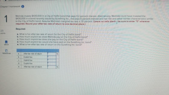 HEWLUMICCLCULUL Chapter 1 homework A Melinda invests $430,000 in a City of Heflin bond that pays 4.2 percent interest. Altern