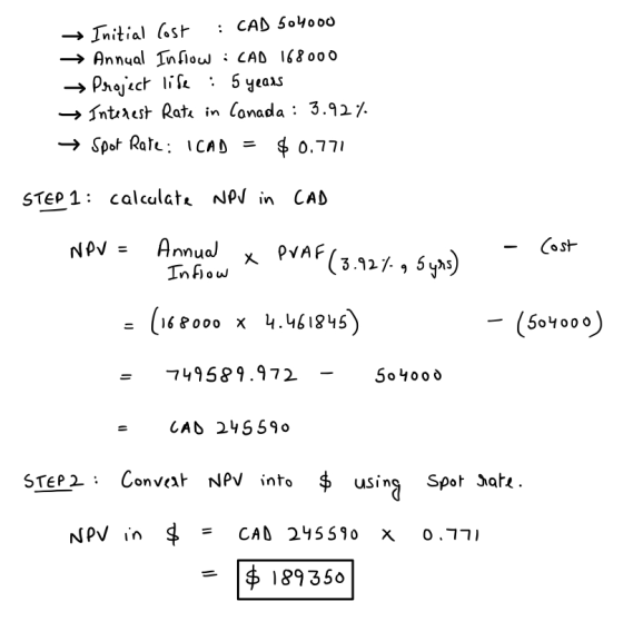 → Initial Cost : CAD 504000 → Annual Inflow : CAD 168000 → Project life : 5 years → Interest Rate in Canada : 3.92% → Spot Ra