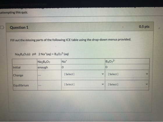 attempting this quiz. D Question 1 0.5 pts Fill out the missing parts of the following ICE table using the drop-down menus pr