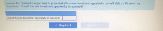 Assume the Electronics department is presented with a new investment opportunity that will yield a 15% return on investment.
