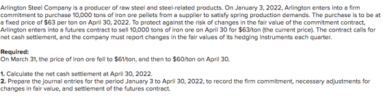 Arlington Steel Company is a producer of raw steel and steel-related products. On January 3, 2022, Arlington enters into a fi