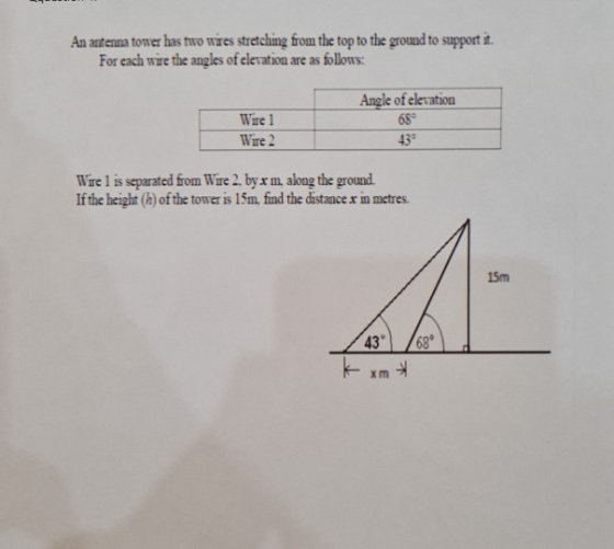 An antenna tower has two wires stretching from the top to the ground to support it. For each wire the angles of elevation are