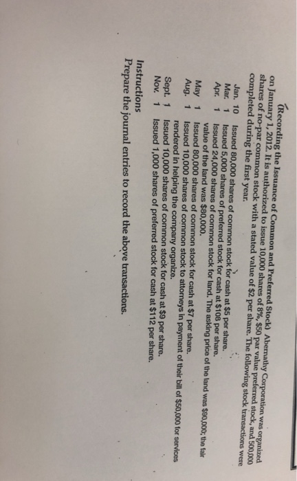 (Recording the Issuance of Common and Preferred Stock) Abernathy Corporation was organized on January 1, 2012. It is authoriz