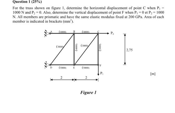 Question 1 (25%) For the truss shown on figure 1, determine the horizontal displacement of point C when P 1000 N and P2 -0. Also, determine the vertical displacement of point F when P 0 et P2 1000 N. All members are prismatic and have the same elastic modulus fixed at 200 GPa. Area of each member is indicated in brackets (mm2). A (4000)B(400C (3000 (3000 2,75 D(5000 E(5000) Pi Figure 1