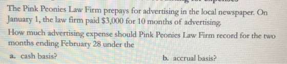 The Pink Peonies Law Firm prepays for advertising in the local newspaper. On January 1, the law firm paid $3,000 for 10 month