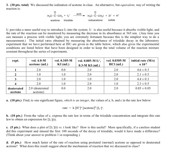 3. (30 pts. total) We discussed the iodination of acetone in class. An alternative, but equivalent, way of writing the reacti