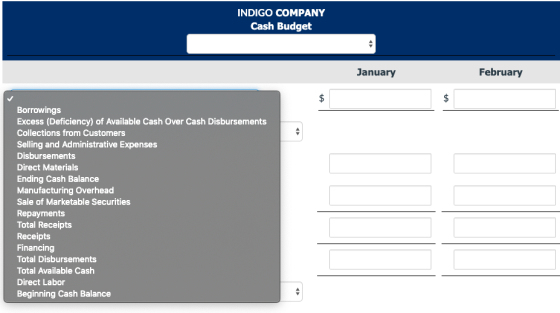 INDIGO COMPANY Cash Budget February January Borrowings Excess (Deficiency) of Available Cash Over Cash Disbursements Collecti