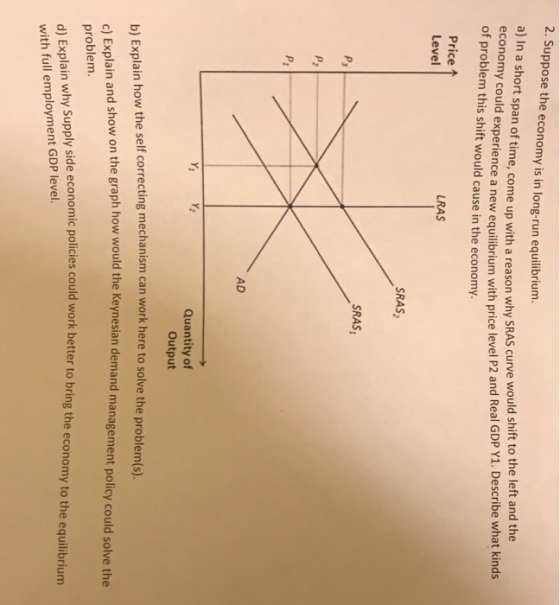2. Suppose the economy is in long-run equilibrium. a) In a economy could experie of problem this shift would cause in the eco