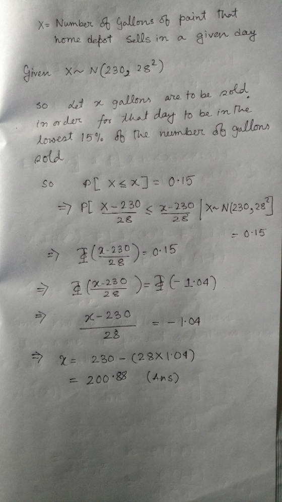 X- Numbex& gallons 6 paint Tet home defet sells in a aivendaさ Given X N (230, 282) so tx gallons are to br mda im order, for hst day to be mme krwent 15% fb the number ébJallons eold 0 15 2-230o 2 23) 015 1 -C-04) ラ -230 1. 04 r= 23°-(28X1.04) 200 8 (Ans)