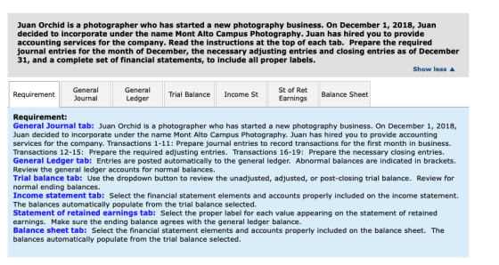 Juan Orchid is a photographer who has started a new photography business. On December 1, 2018, Juan decided to incorporate un