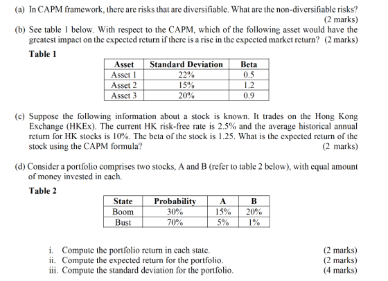 (a) In CAPM framework, there are risks that are diversifiable. What are the non-diversifiable risks? (2 marks) (b) See table