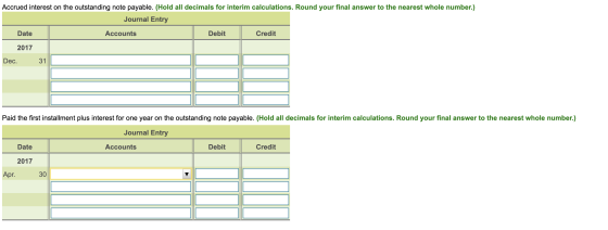 Accrued interest on the outstanding note payable. (Hold all decimals for interim calculations. Round your final answer to the