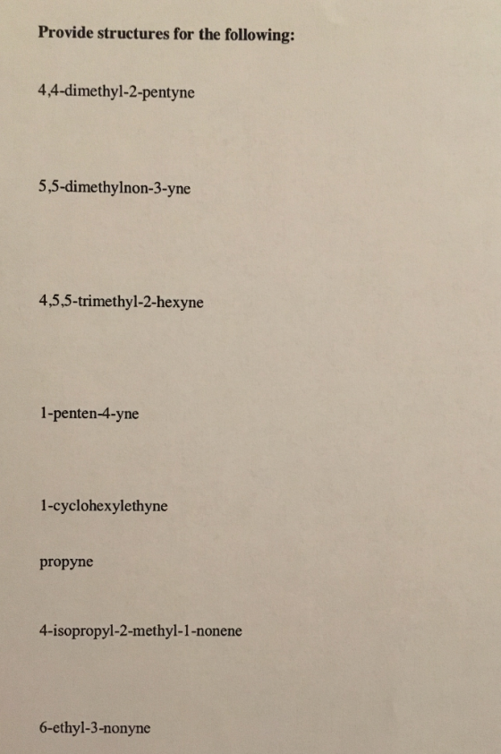 Provide structures for the following: 4,4-dimethyl-2-pentyne 5,5-dimethylnon-3-yne 4,5,5-trimethyl-2-hexyne 1-penten-4-yne 1-cyclohexylethyne propyne 4-isopropyl-2-methyl-1-nonene 6-ethyl-3-nonyne