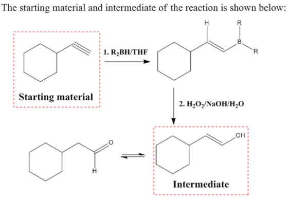 The starting material and intermediate of the reaction is shown below 1. R2BH/THF Starting material; 2. H20/NaOH/H20 он : Int