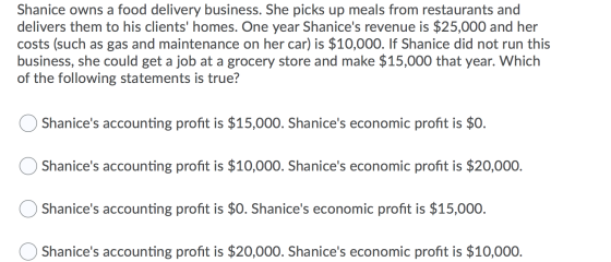 Shanice owns a food delivery business. She picks up meals from restaurants and delivers them to his clients homes. One year