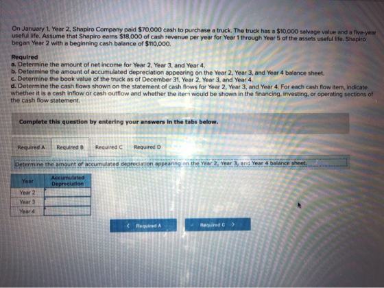 On January 1, Year 2, Shapiro Company paid $70,000 cash to purchase a truck. The truck has a $10,000 salvage value and a five
