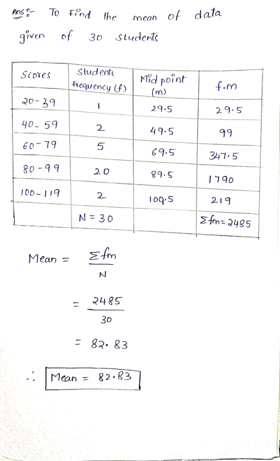 Ans- To find the mean of data given, of 30 students Scores Studenta Frequency f) Mid point (m) fim 20-39 - 29.5 29.5 40- 59 2