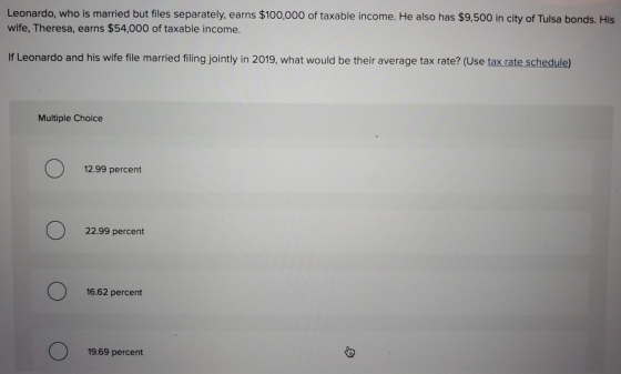 Leonardo, who is married but files separately, earns $100,000 of taxable income. He also has $9,500 in city of Tulsa bonds. H