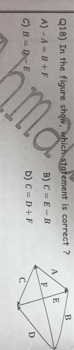 B A E Q18) In the figure show, which statement is correct ? A) - A = B+F B) C = E-B C) B = D-E D C = D+F F D ma C