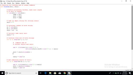 ch py- C/Users/Tarun/Documents/ch.py (8.7.2) File Edit Format Run Options Window Help # Function for finding sum of larger nu