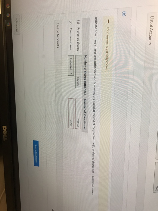 7140 List of Accounts Your answer is partially correct. Indicate how many shares are authorized and how many are issued at th