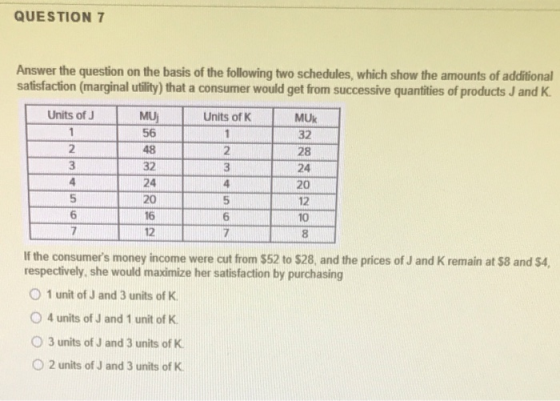 QUESTION 7 Answer the question on the basis of the following two schedules, which show the amounts of additional satisfaction