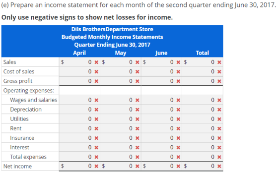 (e) Prepare an income statement for each month of the second quarter ending June 30, 2017. Only use negative signs to show ne