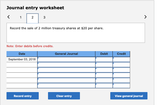Journal entry worksheet Record the sale of 2 million treasury shares at $20 per share. Note: Enter debits before credits. Gen