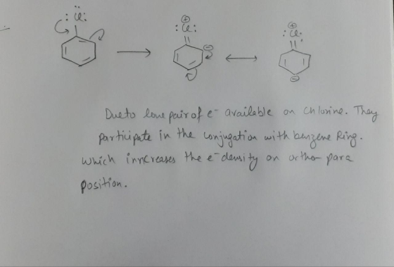 Due to love pair of e available on Chlorine. They participate in the conjugation with benzene Ring. which inncreases the é de