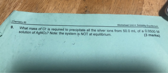 Chemistry 50 Worksheet Unit 4: Solubility Equilibrium 9. What mass of Cl is required to precipitate all the silver ions from