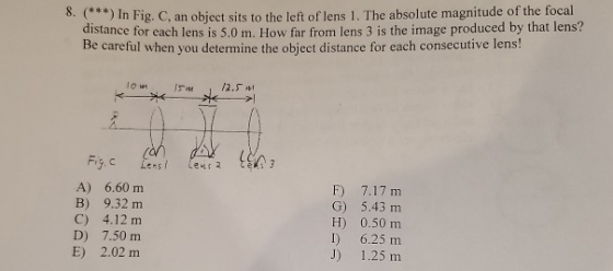 in Fig. C, an object sits to the left of lens 1. The absolute magnitude of the focal distance for each lens is 5.0 m. How far