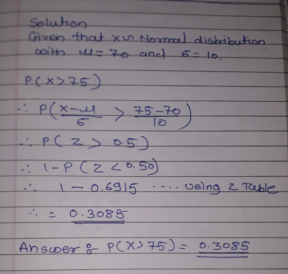 Solution Aven that our Normal distribution coith l - 70 and P ( XS35 P(x-ul > 75-70 ) PC z z 0.5] - 1-PC2 <0.50 10.6915 using