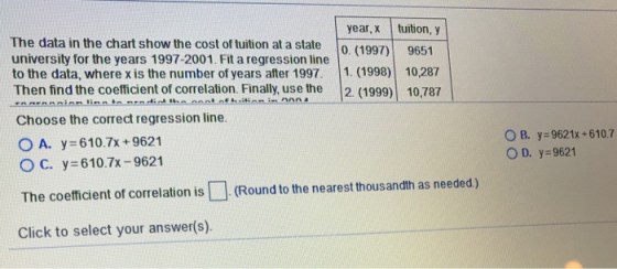year, x tuition, y The data in the chart show the cost of tuition at a state university for the years 1997-2001. Fit a regression line to the data, where x is the number of years after 1997. 1. (1998) 10,287 Then find the coefficient of correlation. Finally, use the 2. (1999) 10,787 0. (1997) 9651 Choose the correct regression line. O A. y-610.7x+9621 O C. y 610.7x-9621 O B. y 9621x+610.7 O D. y 9621 The coefficient of correlation is (Round to the nearest thousandth as needed) Click to select your answer(s)