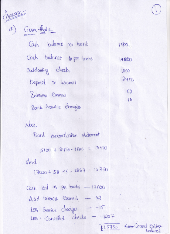 Ginscen: 1 SPO 17 000 Given that e- Cash balance per bank Cash balance to per books Outstanding checks Deposit in taransit In