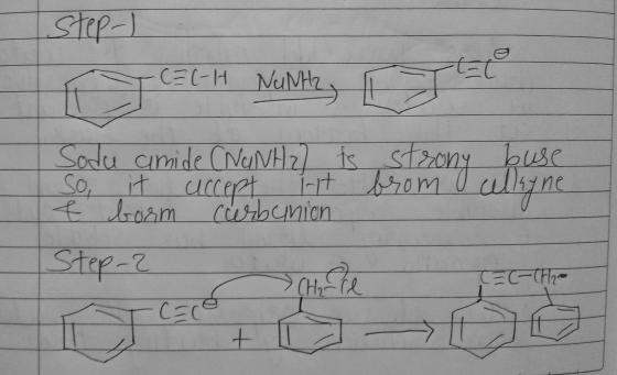 Step-) (=(-H NUNH2 Nuntry Cat it accept Sodu amide CNUNH?] is is str buse So, it lit from allyne € borm carbunien Step-2 > Ch