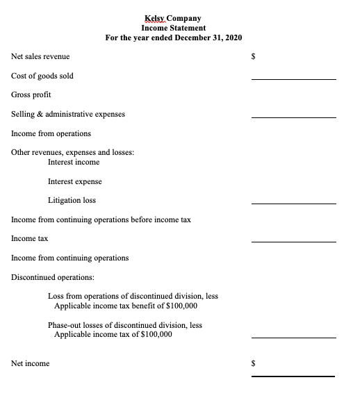 Kelsy Company Income Statement For the year ended December 31, 2020 Net sales revenue $ Cost of goods sold Gross profit Selli