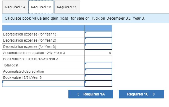 Required 1A Required 1B Required 1C Calculate book value and gain (loss) for sale of Truck on December 31, Year 3. Depreciati