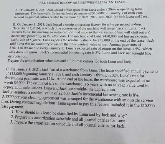 ALL LEASES BELOW ARE BETWEEN LUNA AND JACK A. On January 1, 2021, Jack leased office space from Luna under a 20-year operatin