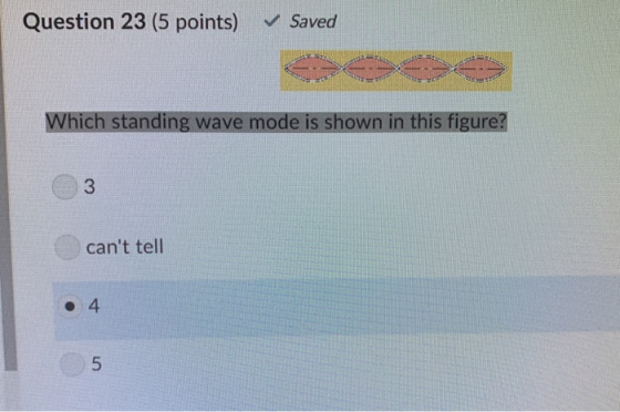 Question 23 (5 points) ✓ Saved Which standing wave mode is shown in this figure? 3 cant tell • 4
