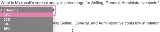 What is Microsofts vertical analysis percentage for Selling, General, Administrative costs? [Select ] 31% 20% 6% 16% bing Se
