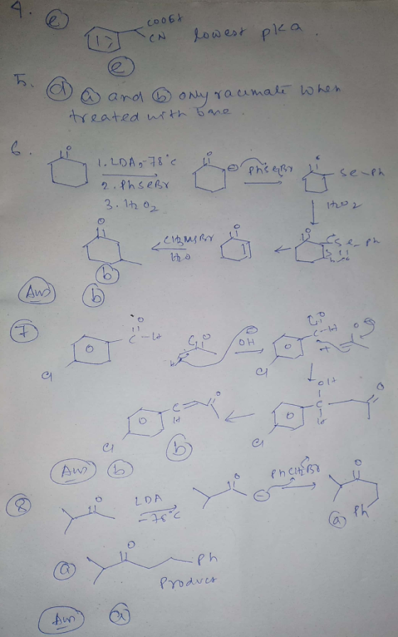 coobt TTCN lowest pka. I and 6 only racemate when treated with bone. 1 yophs ERY -se-ph 1.2DA ; 78°C 2. Ph sebr 3.1122 tor CI