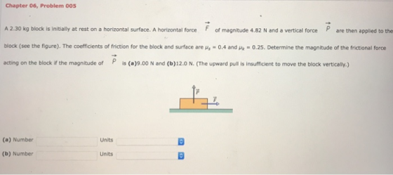 Chapter 06, Problem 005 A 2.30 kg block is initially at rest on a horizontal surface. A horizontal force F of magnitude 4.82 N and a vertical force P are then ap block (see the figure). The coefficients of friction for the block and surface are us-04 and μ.-0.25. Determine the magnitude of the frictional force acting on the block if the magnitude of Pis (a)9.00 N and (b)12.0 N. (The upward pull is insufficient to move the block vertically.) plied to the (a) Number Units 0 (b) Number Units