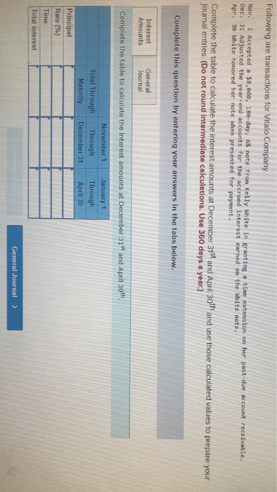 Following are transactions for Vitalo Company Nov. 1 Accepted a $8,000, 180-day, 6% note fron Kelly White in granting a time