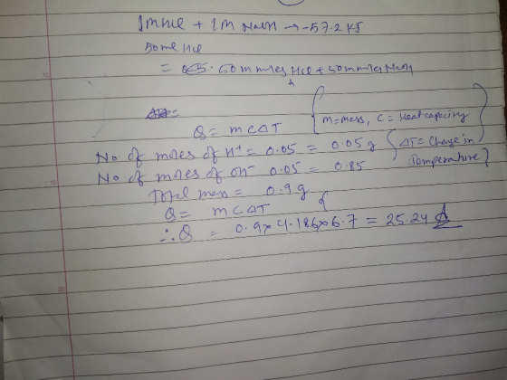 imme + 2m Nam home ne - 57.2KI = AB 60mmer Hoof somre Hall m=mass C = Heat capacity ! Alle mcoT No of moles of 11 to 0.05 = 0