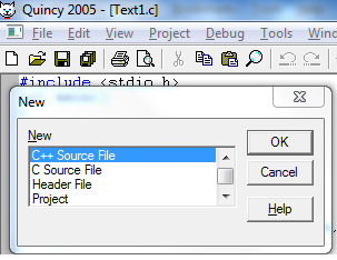Quincy 2005-[Text1.c] File Edit View Project Debug Iools Winc New EX New OK ++ SOurce File C Source File Header File Project
