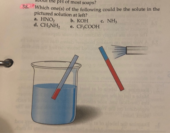 about the pH of most soaps? Which one(s) of the following could be the solute in the pictured solution at left? a. HNO2 b. KO