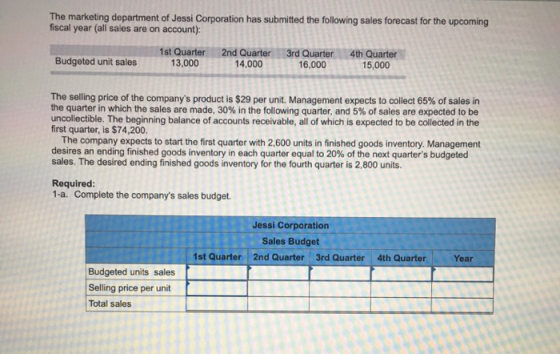 The marketing department of Jessi Corporation has submitted the following sales forecast for the upcoming fiscal year (all sa
